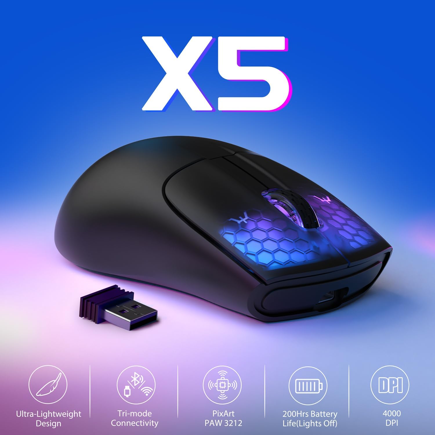 Ігрова миша Attack Shark X5 Bluetooth 2.4G USB ультралегка з RGB-підсвічуванням